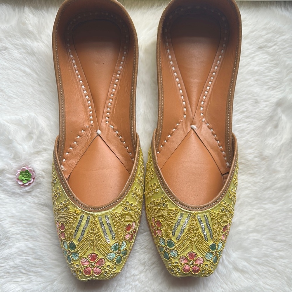 Yellow and Pink Embroidered Flats